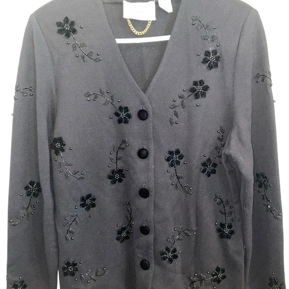 vintage Marissa Cristina knits black beaded floral cardigan holiday sweater - Picture 4 of 9